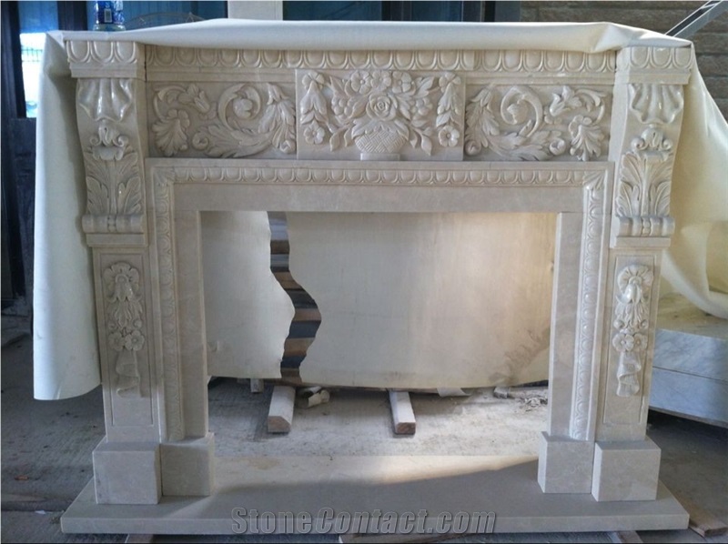 Burdur Cream Marble Fireplace,Sculptured Fireplace Burdur Beige Marble