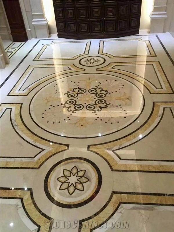 Crema Marfil,Black Flowermarble Waterjet Pattern,Marble Flooring