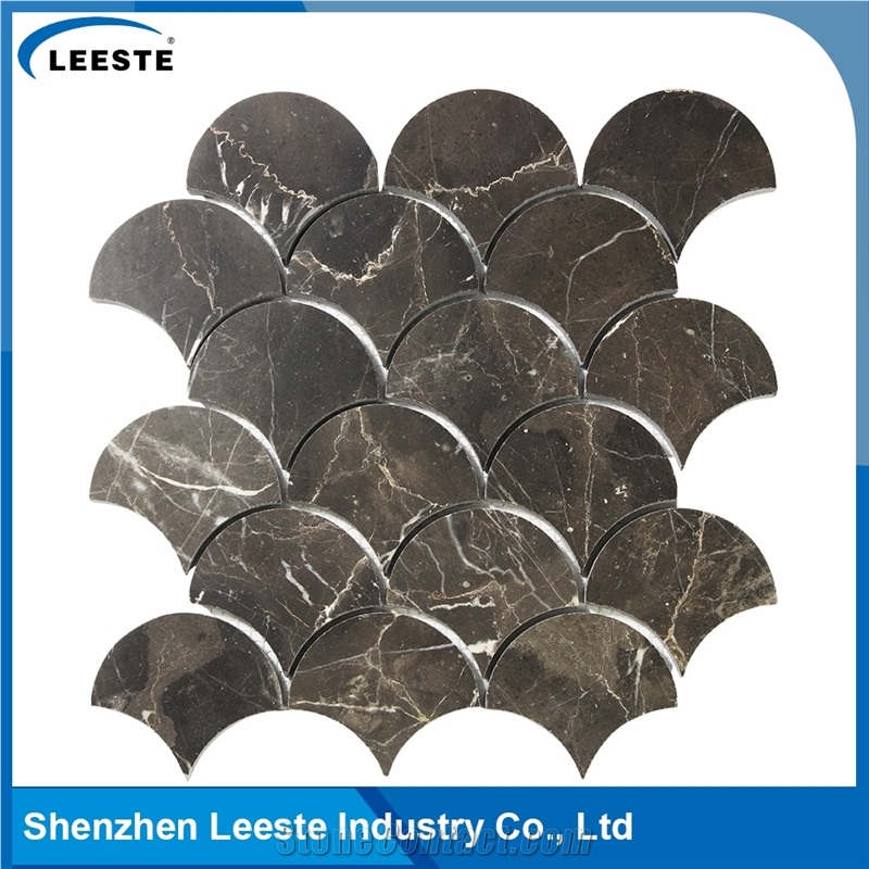 Chinese Dark Emperador Marble Polished Fan Shape Marble Mosaic Tiles