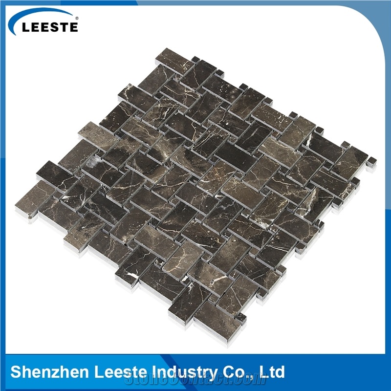 Chinese Dark Emperador Polished Basketweave Marble Mosaic Tiles