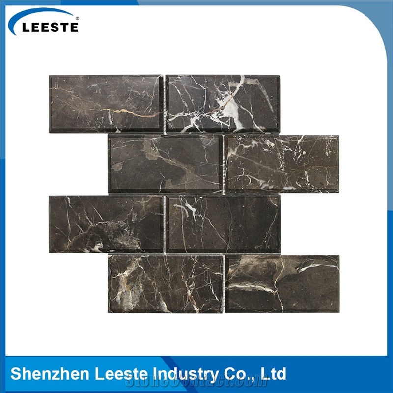 Chinese Dark Emperador Polished Bevelled Brick Marble Mosaic Tiles