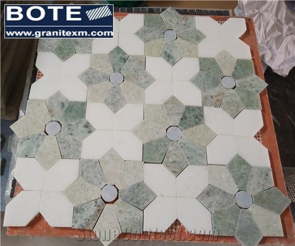 Flower Style Marble Mosaic Tile Polished White with Ming Green Mosaic