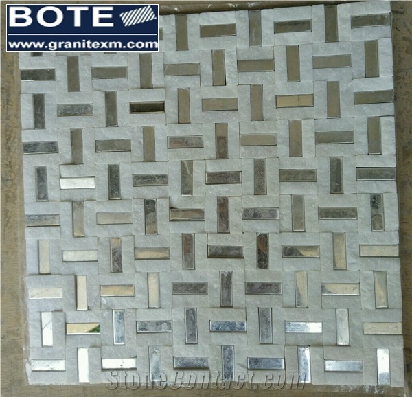 White Marble Split Face with Metal Stainless Steel 304 Grade Mosaic