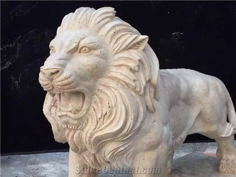 Animal Stone Sculpture,Stone Carving,Beige Travertine Lion Sculptures