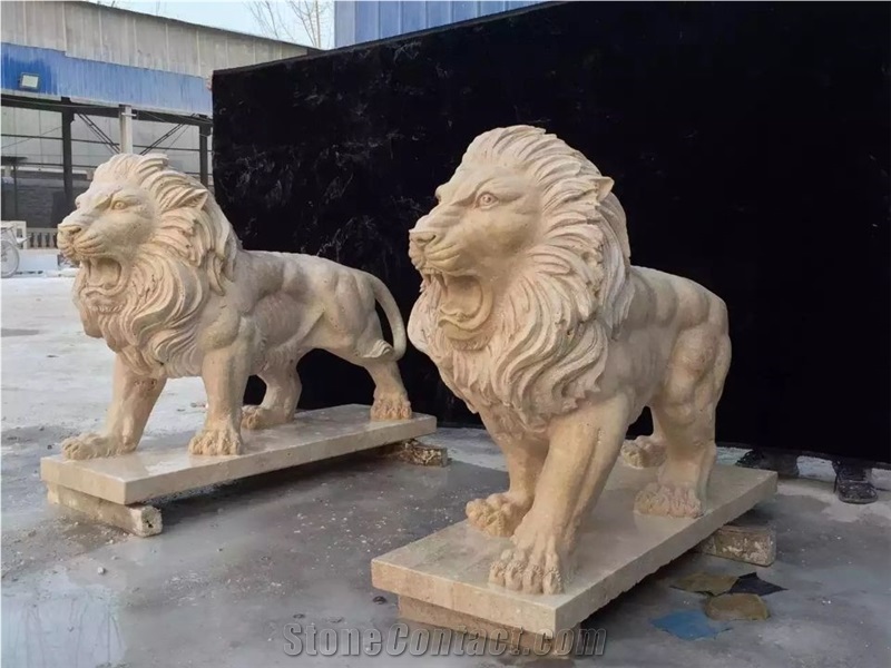 Animal Stone Sculpture,Stone Carving,Beige Travertine Lion Sculptures