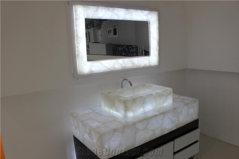 Backlit White Crystal Quartz Semiprecious Gemstone Bathroom Sink