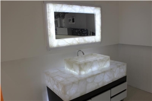 Backlit White Crystal Quartz Semiprecious Gemstone Bathroom Sink