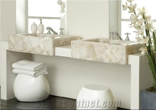 Backlit White Crystal Quartz Semiprecious Gemstone Sink for Bathroom