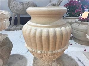 Beige Marble Handcarved Flower Pot,Garden Stone Planter Pot