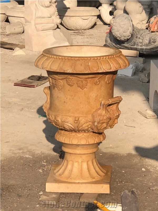 Beige Marble Handcarved Flower Vases,Garden Stone Planter Pot