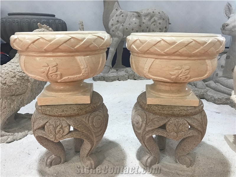 Beige Marble Handcarved Flower Vases,Garden Stone Planter Pot