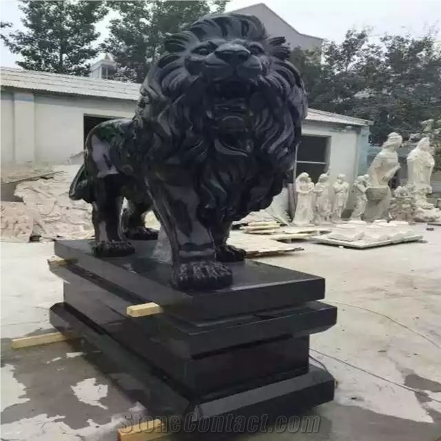 Black Marble Lion Sculpture,Garden Hand Carving Marble Lion Sculptures