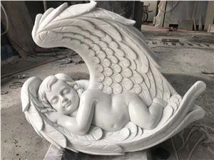 China White Marble Sleeping Angel Sculpture,Handcarved Children Statue