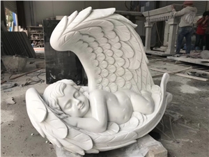 China White Marble Sleeping Angel Sculpture,Handcarved Children Statue