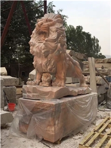 Garden Sunset Red Marble Outdoor Hand Carved Lions Sculptures