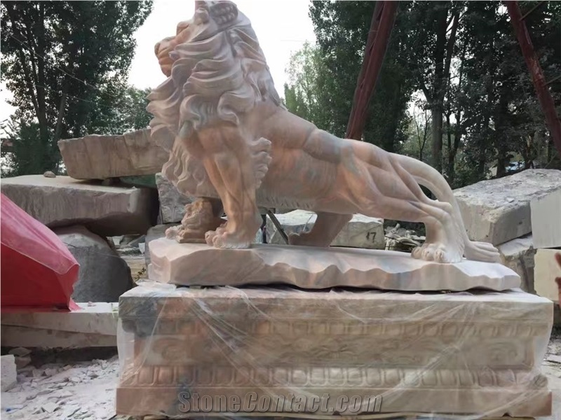 Garden Sunset Red Marble Outdoor Hand Carved Lions Sculptures