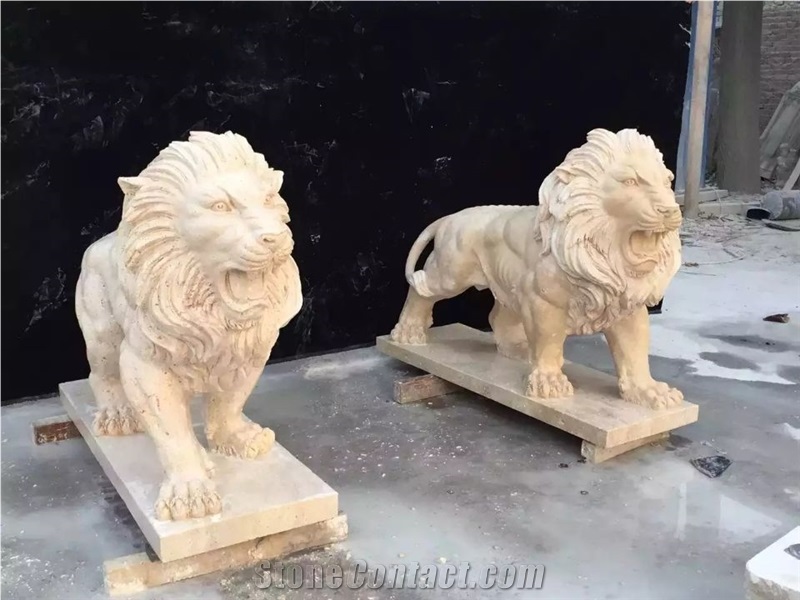 Hand Carved Beige Travertine Lion Carving,Travertine Sculpture&Statue