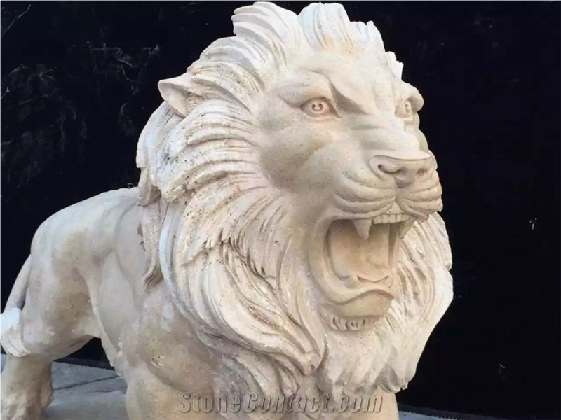 Hand Carved Beige Travertine Lion Carving,Travertine Sculpture&Statue