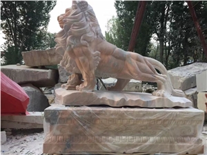 Hand Carved Lions Sculptures,Outdoor Sunset Red Marble Lions Status