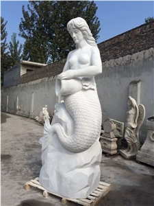 Hand Carved White Marble Mermaid Sculpture,Landscape Garden Sculptures