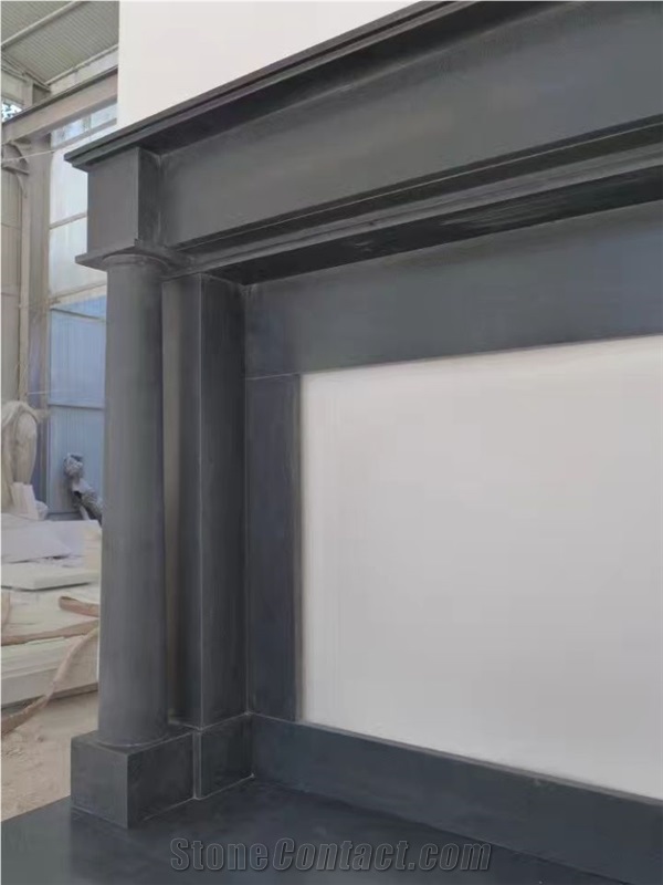 Honed Black Marble Handcarved Fireplace Mantel with Column Design