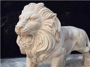 Lion Stone Amimal Carvings,Beige Travertine Garden Stone Lion Statues