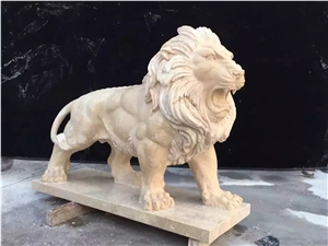 Lion Stone Amimal Carvings,Beige Travertine Garden Stone Lion Statues