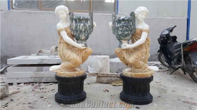 Marble Handcarved Statue Flower Vase,Colorful Landscaping Planter Pot