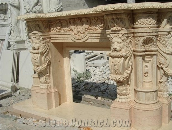 Natural Beige Marble Fireplace Mantel Cover Surround with Lion Statues