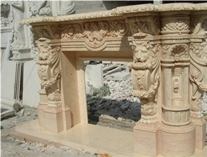 Natural Beige Marble Fireplace Mantel Cover Surround with Lion Statues