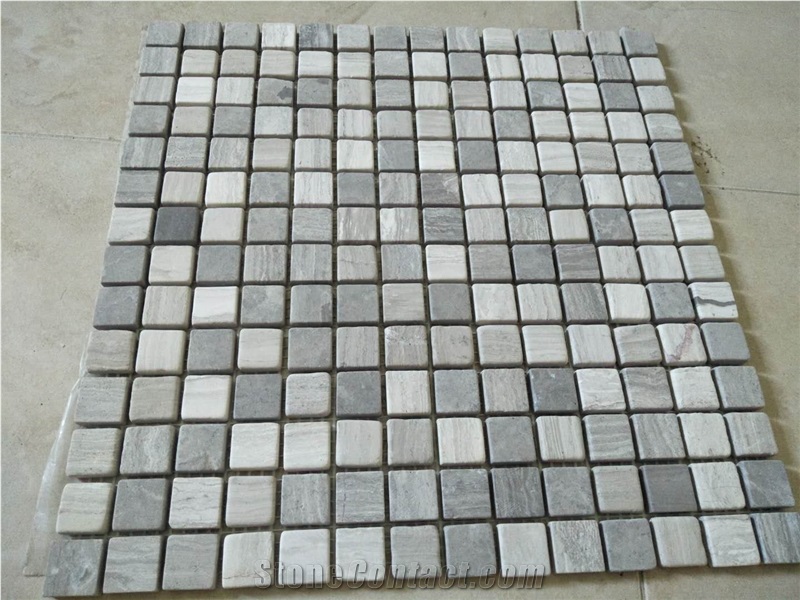 Tumbled Marble Mosaic Tile Square Shape Tumbled Wooden Gray Mosaic