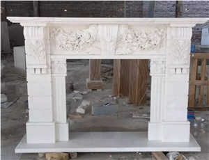 Western Style China White Flower Carving Marble Fireplace Mantel