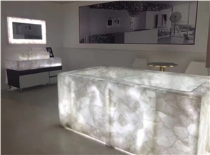 White Abiazan Semiprecious Stone Reception Table Top