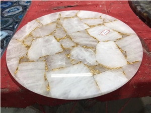 White Crystal Gold Quartz Semiprecious Gemstone Round Table Top