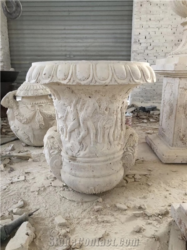 White Limestone Handcarved Flower Pot,Garden Stone Planter Pot