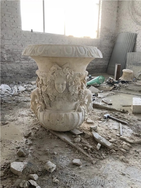 White Limestone Handcarved Flower Vase,Landscaping Planter Box