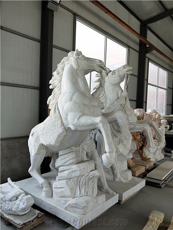 White Marble Boy and Horse Outdoor Sculpture Garden Handcarved Statue