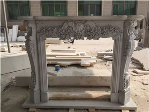 White Marble Fireplace Mantel Handcarved Flower Sculptured Fireplace
