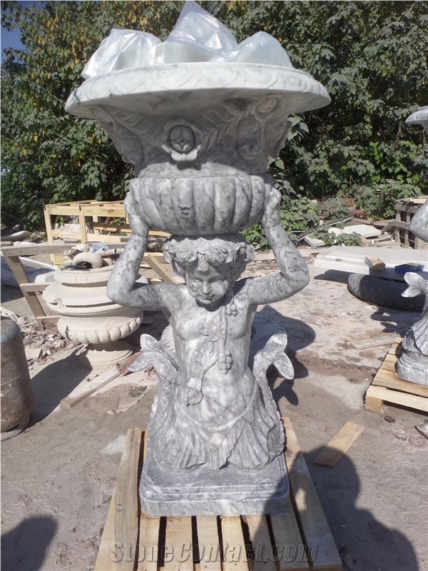 White Marble Handcarved Statue Flower Vase,Landscaping Planter Pot
