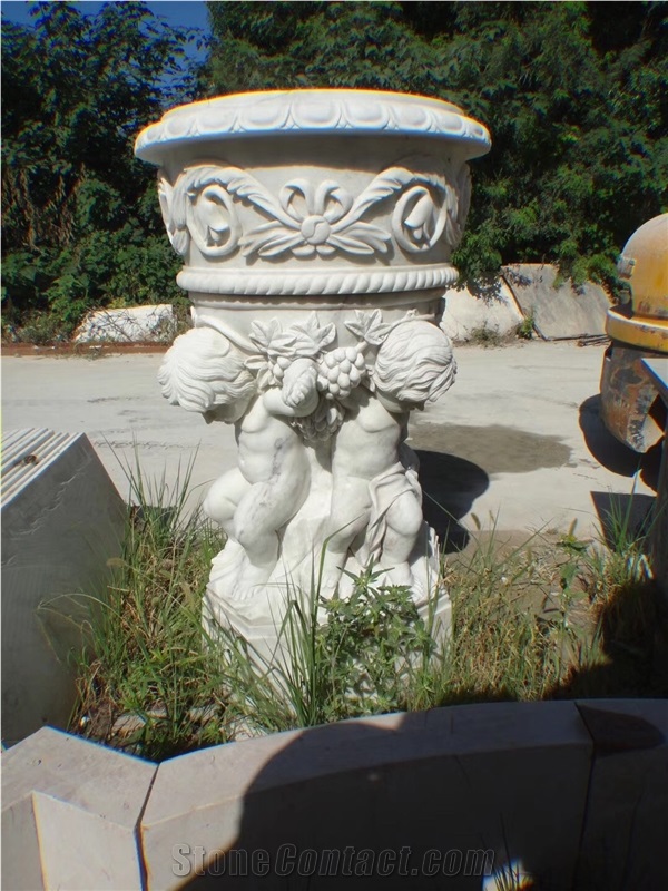 White Marble Handcarved Statue Flower Vase,Landscaping Planter Pot