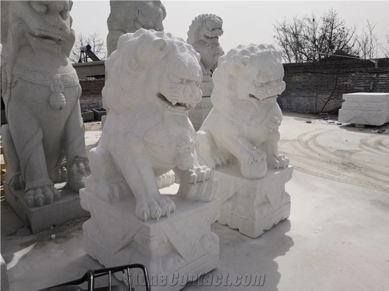 White Marble Lion Statue Sculpture with Pedestal,Cheap Animal Carving