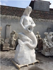 White Marble Mermaid Handcarved Sculpture,Outdoor Garden Street Statue