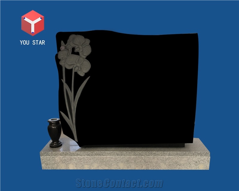 Flowers Sculpture Jet Black Granite Tombstone Gravestone Headstone