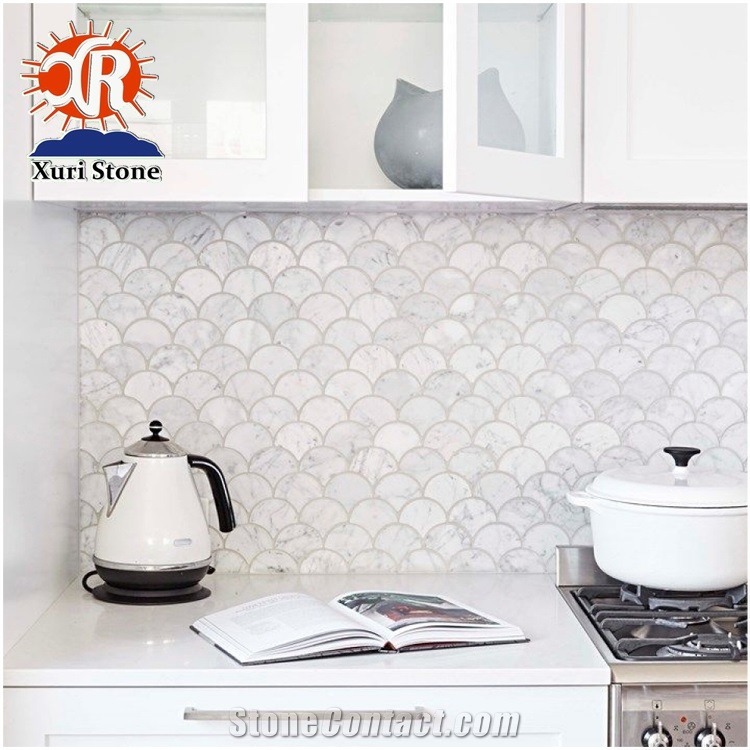 Latest Design Fan Shape Mosaic Solid White Kitchen Carrara Tiles