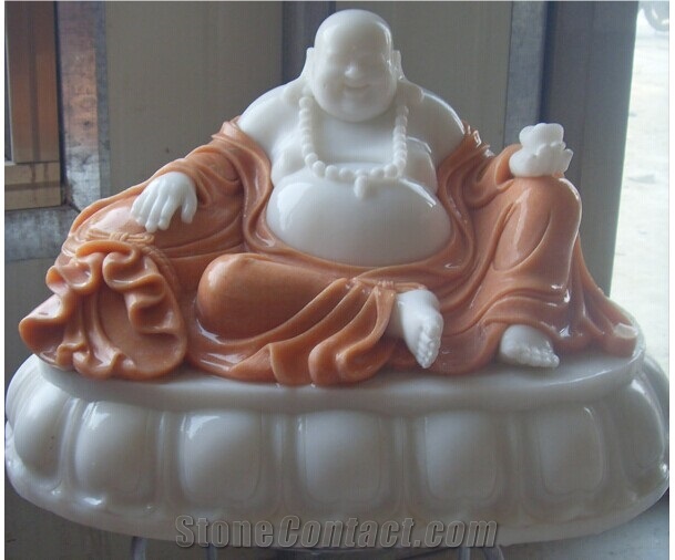 Natural White Carving Marble Laughing Buddha Statue Sculptures