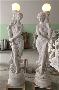 Natural White Marble Lady Sculpture Lamp Post