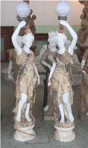 Natural White Marble Lady Sculpture Lamp Post