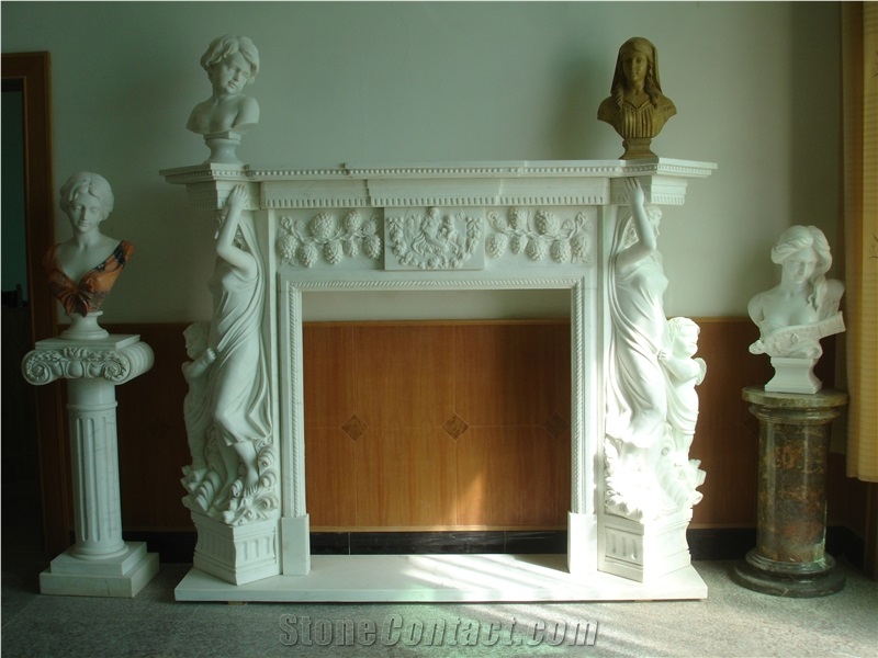 Double Fireplace White Marble Hand Carved Fireplace Mantel