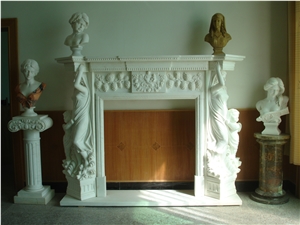 Double Fireplace White Marble Hand Carved Fireplace Mantel