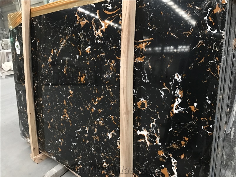 Black Portoro Artificial Marble Slab,Black Artificial Stone Tile